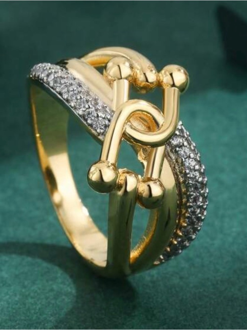 Gold & Crystal Crossover Statement Ring
